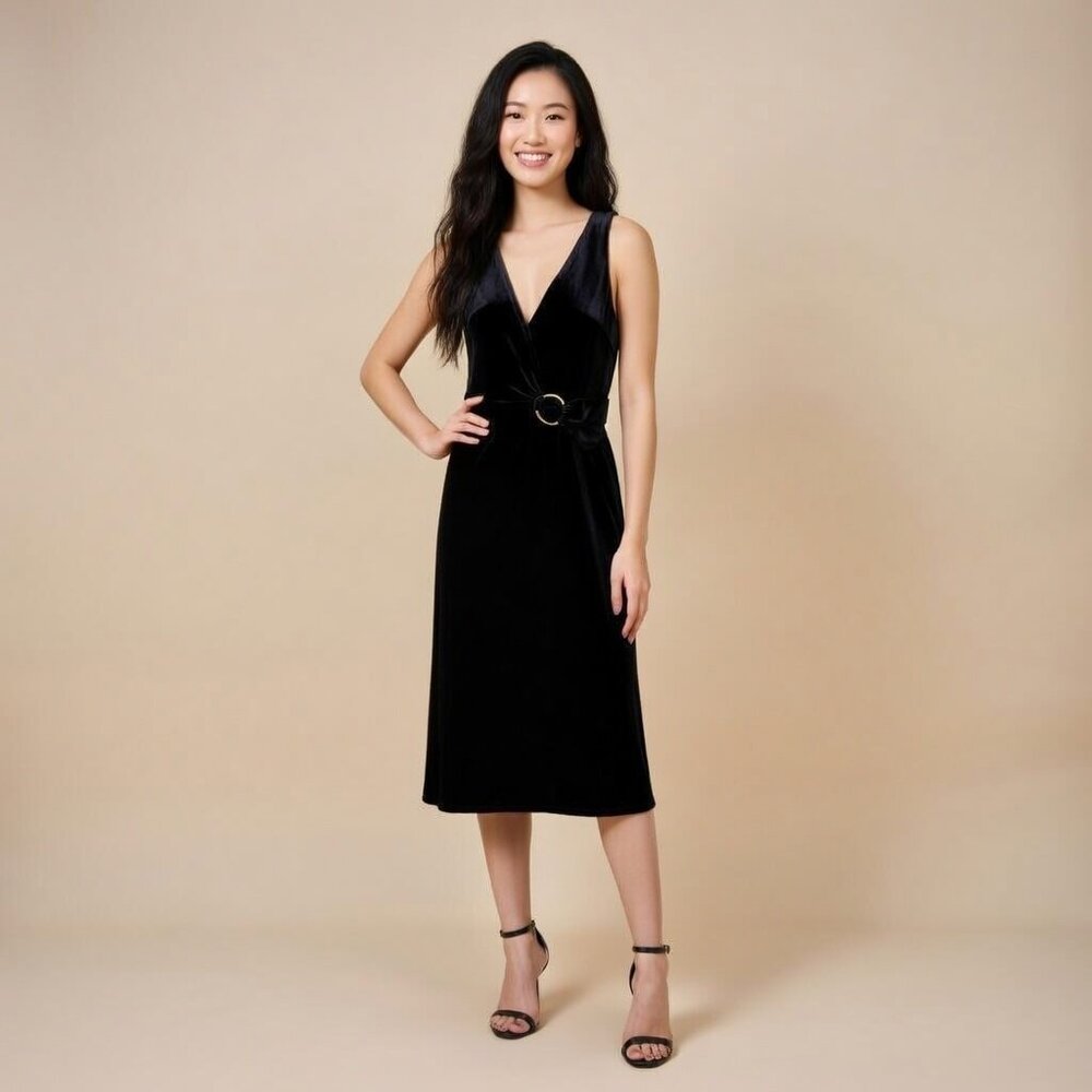 Connected Apparel Black Surplice Velvet Dress Rhinestone Accent Womens 10P (264)